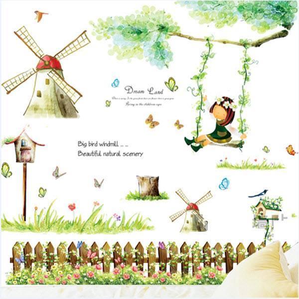 Decal dán tường Combo Cối xay gió Cô bé và xích đu