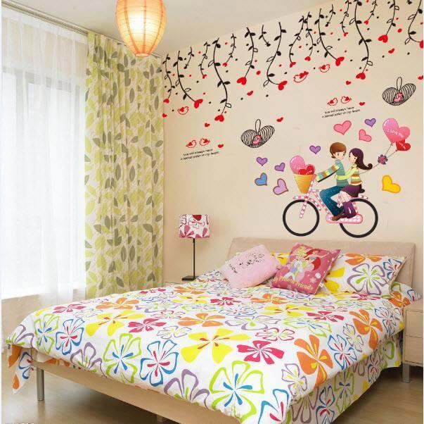 Decal dán tường Combo Dây leo hoa trái tim đỏ Xe đạp tình nhân 2