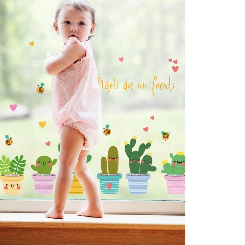 Decal dán tường tám chậu cây đủ màu