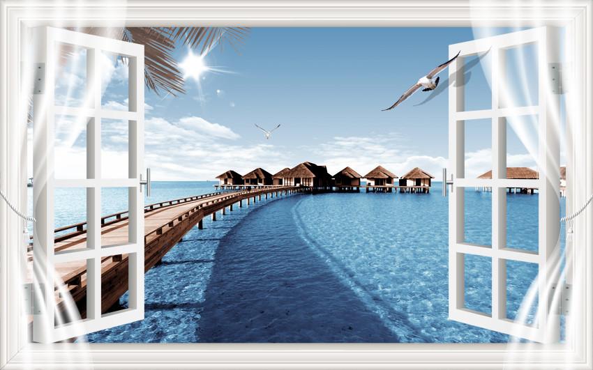 Tranh Dán Tường Phong Cảnh Cửa Sổ Biển Xanh 3D (3)