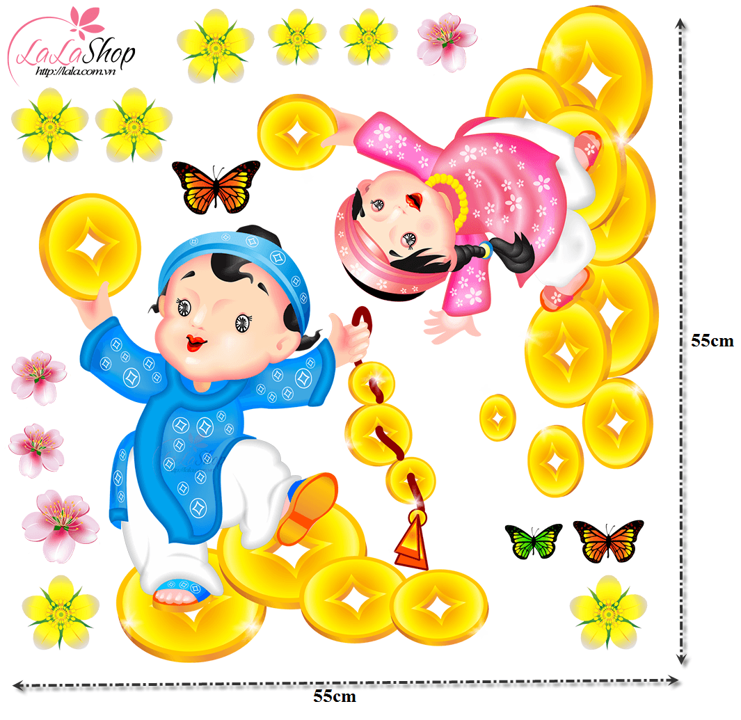 Decal bé cầm đồng tiền vàng