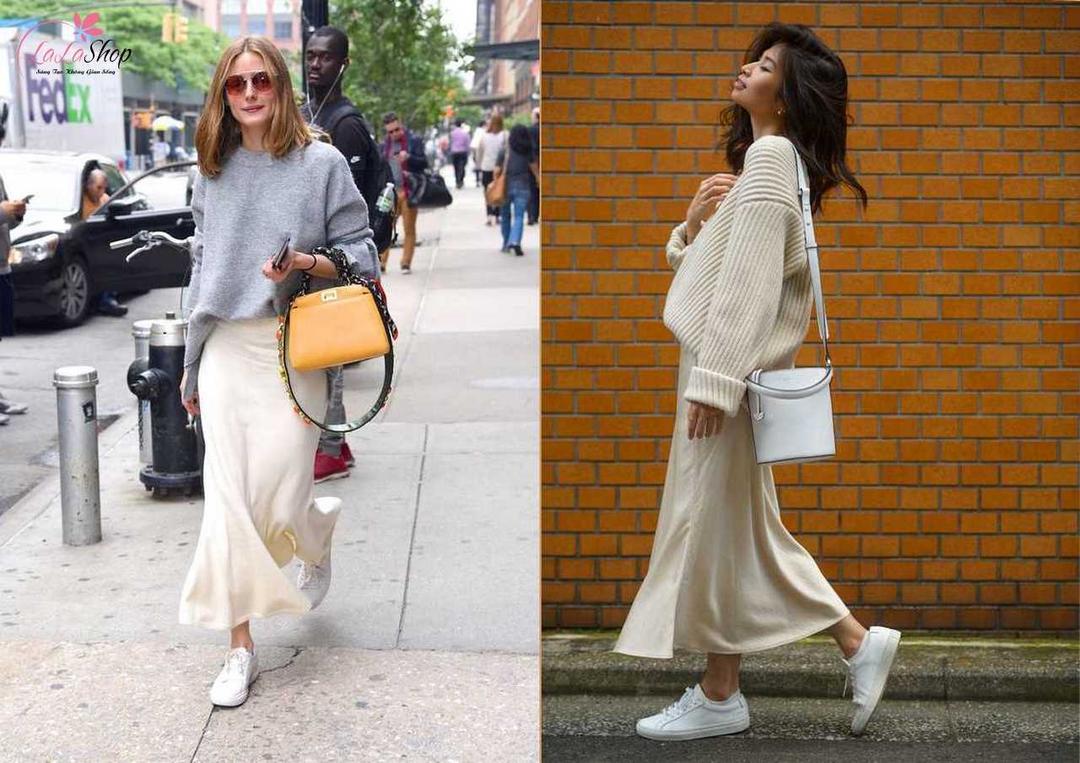 Áo sweater cùng chân váy dài sẽ thích hợp với những bạn nữ có style dịu dàng, thanh lịch
