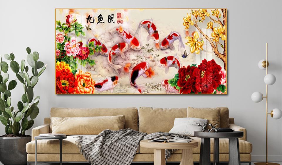Tranh Cá Chép và Hoa Mẫu Đơn