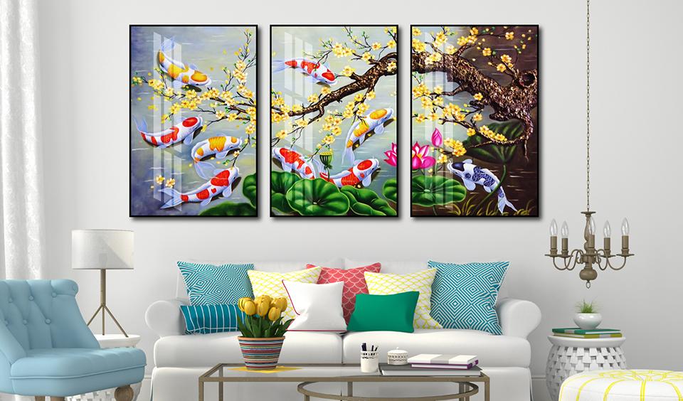 Tranh Cửu Ngư Quần Hội 3D Mai Vàng Bên Ao Sen