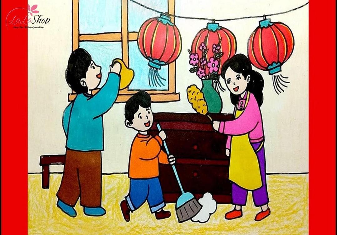 Tranh gia đình dọn nhà đón Tết