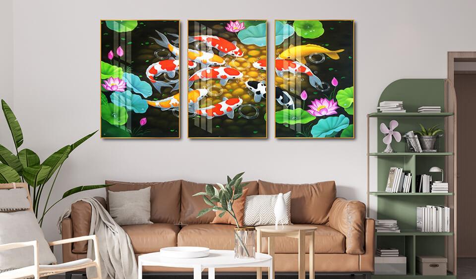 Tranh Cửu Ngư Quần Hội Bên Sen Hồng