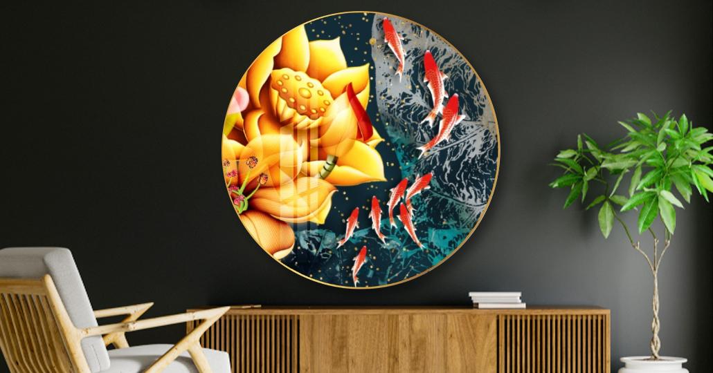Tranh Tròn Tráng Gương Cửu Ngư Và Sen Vàng