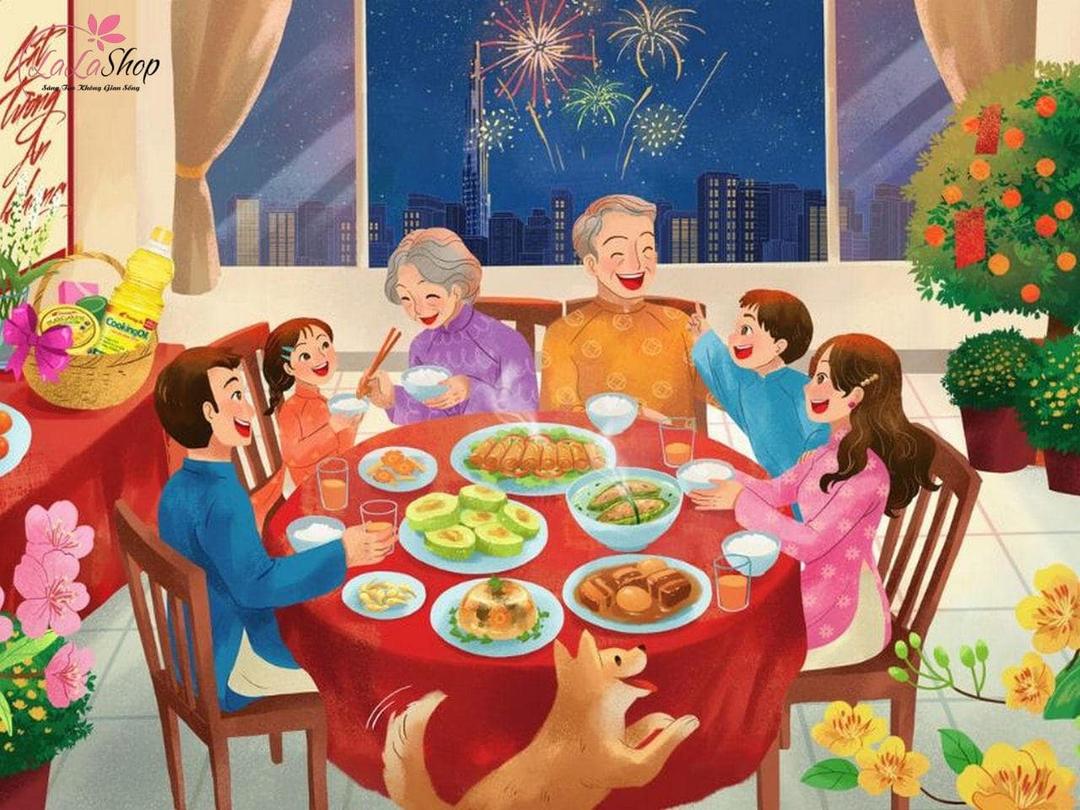 Tranh vẽ bữa cơm gia đình ấm áp đêm giao thừa