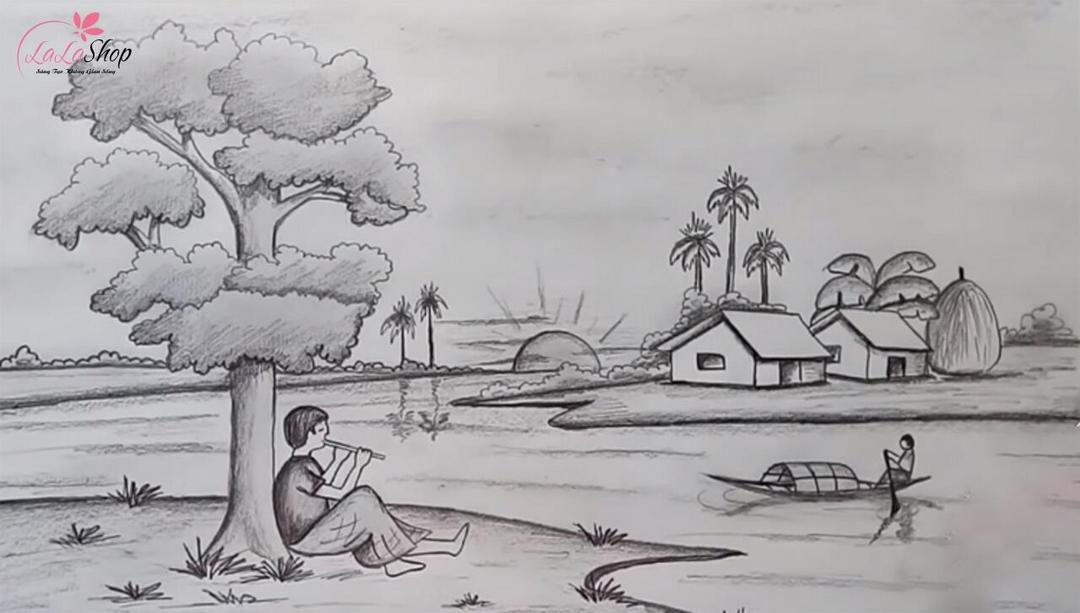 Tranh vẽ cậu bé thổi sáo bên bờ sông
