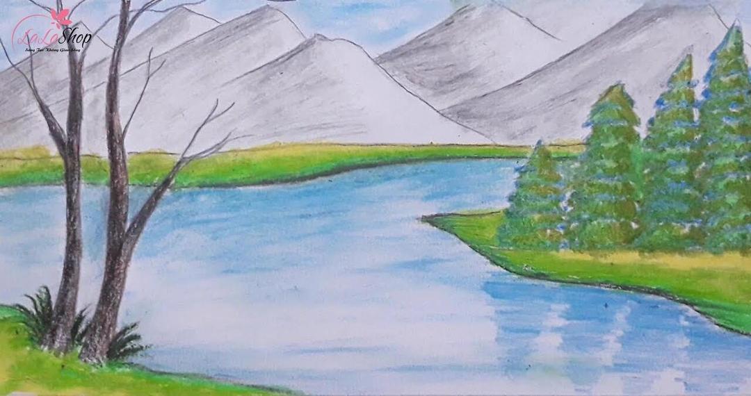 Tranh vẽ núi và rừng cây thông