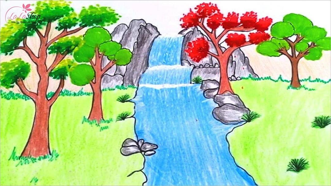 Tranh vẽ núi và thác nước bên rừng cây