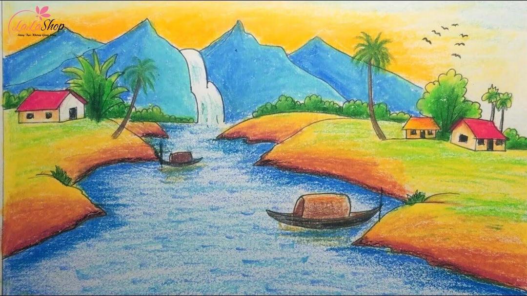 Tranh vẽ phong cảnh núi và thác nước