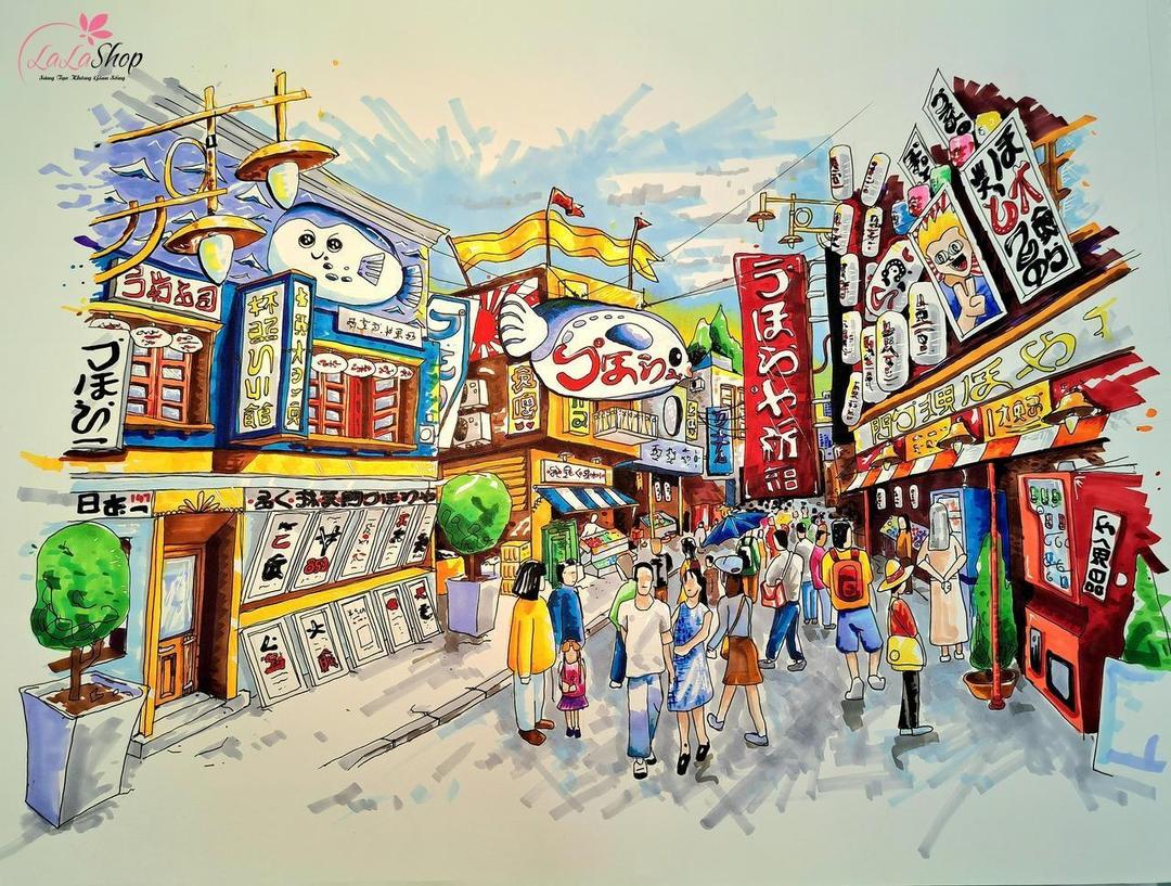 Tranh vẽ thành phố Osaka nhộn nhịp