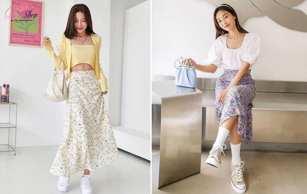 Váy hoa và sneaker trắng là sự kết hợp giữa phong cách nữ tính và năng động