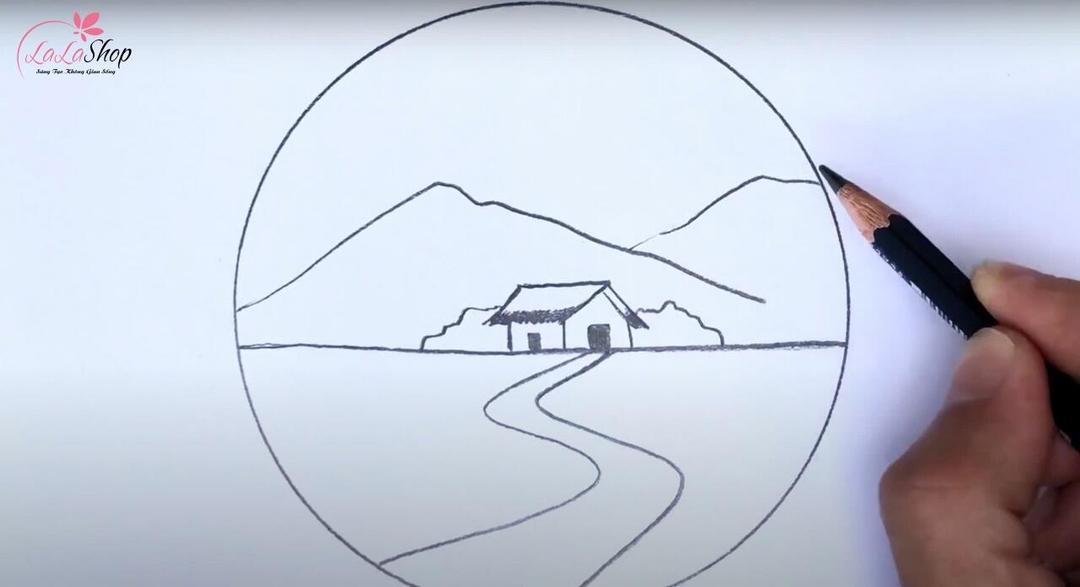Vẽ ngôi nhà, đường làng, núi và bụi cây