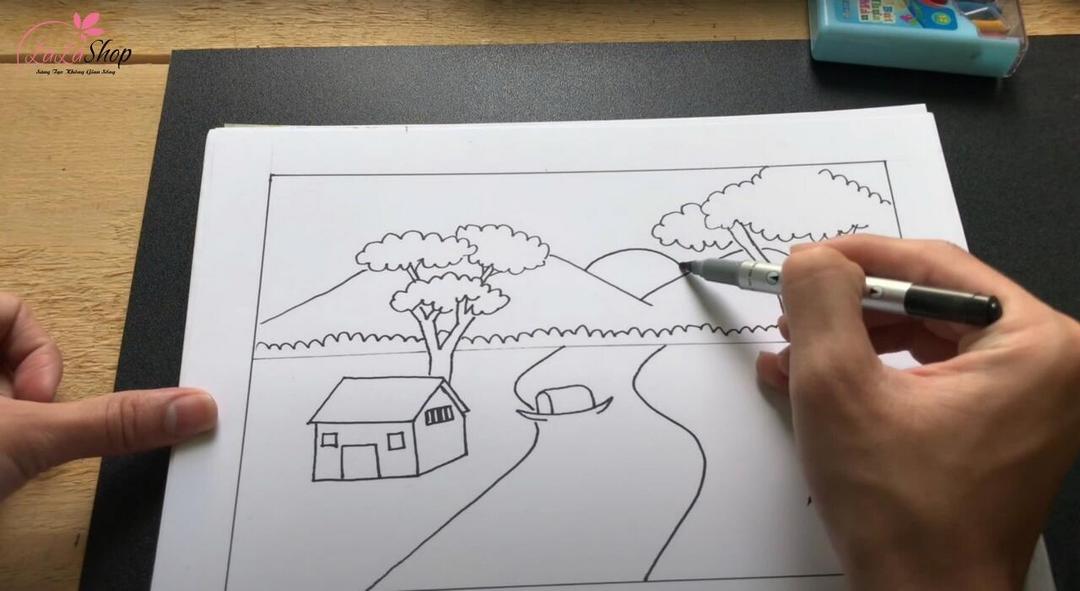 Vẽ phong cảnh làng quê với núi