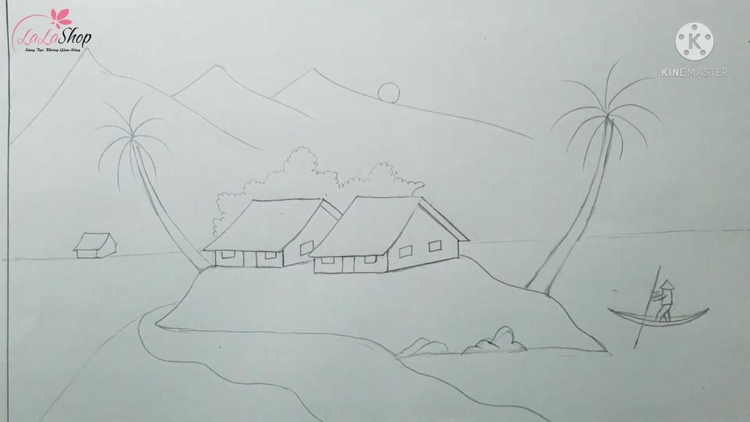 Vẽ thêm khung cảnh xung quanh với núi, sông, và thuyền