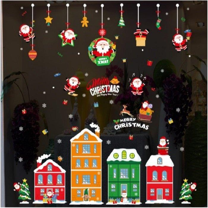 Decal trang trí noel 2 mặt combo ông già noel vui nhộn thành phố sắc màu