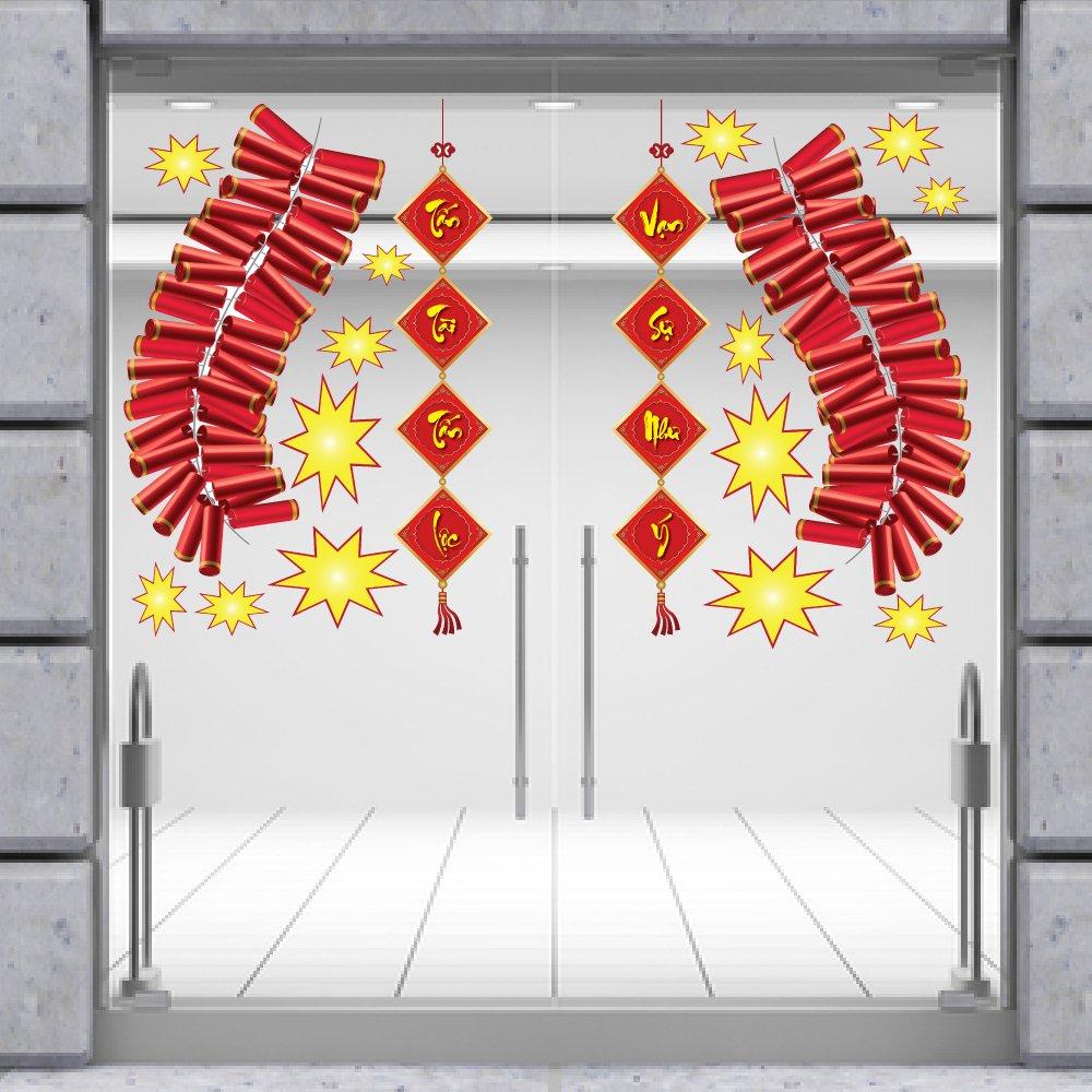 Combo decal trang trí tết pháo đỏ vạn sự như ý tấn tài tấn lộc