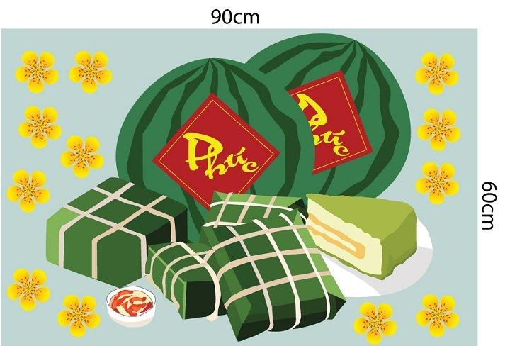 Decal trang trí tết bánh chưng xanh bên dưa hấu đỏ mẫu 2