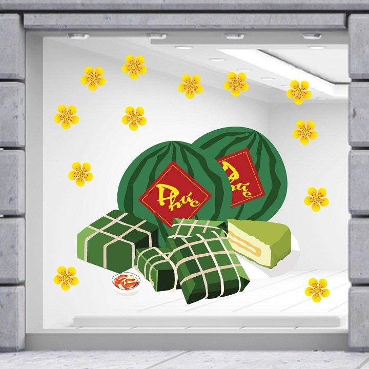 Decal trang trí tết bánh chưng xanh bên dưa hấu đỏ mẫu 2