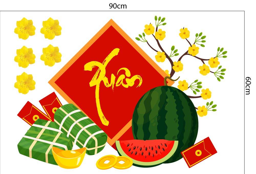 Decal Trang Trí Tết Quý Mão Bánh Chưng Xanh Bên Dưa Hấu Đỏ