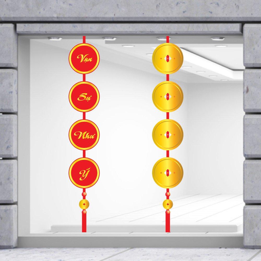 Decal Trang Trí Tết Đồng Tiền Vàng Và Câu Đối Vạn Sự Như Ý