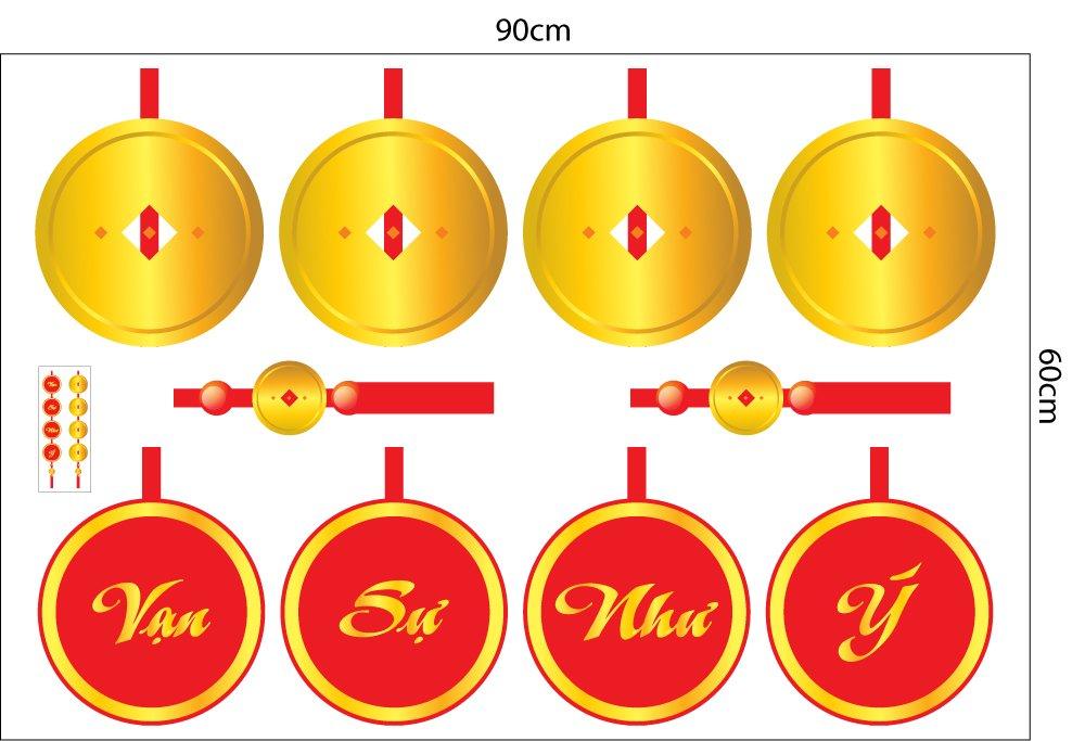 Decal Trang Trí Tết Đồng Tiền Vàng Và Câu Đối Vạn Sự Như Ý