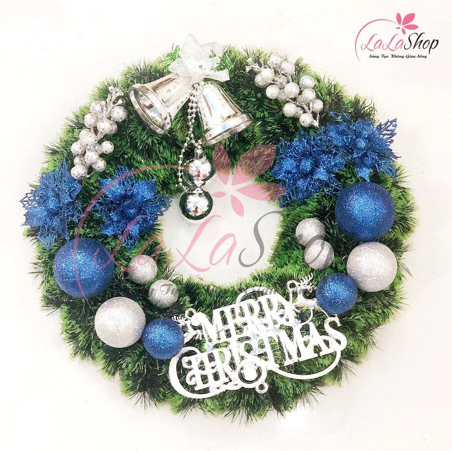 Vòng nguyệt quế trang trí noel merry christmas và chuông bạc