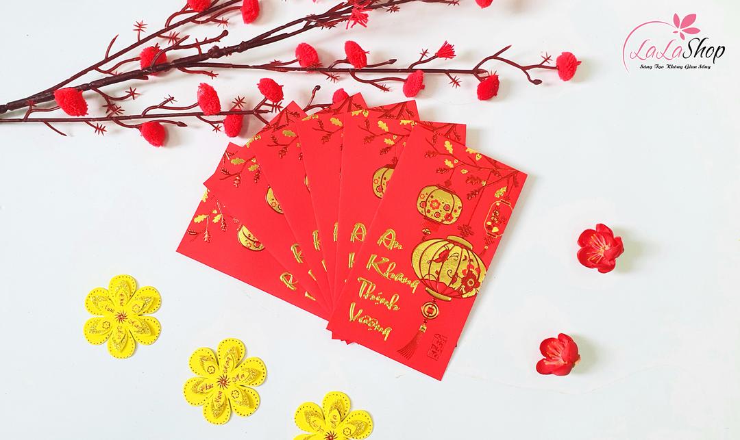 Combo 6 Bao Lì Xì Nhung In Nổi 3D Màu Đỏ Lồng Đèn An Khang Thịnh Vượng