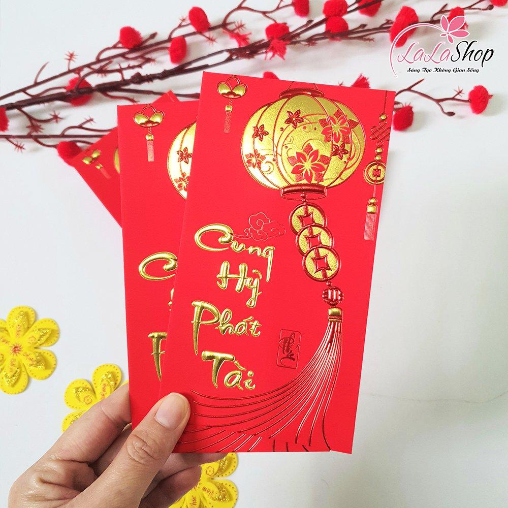 Combo 6 Bao Lì Xì Nhung In Nổi 3D Màu Đỏ Lồng Đèn Cung Hỷ Phát Tài