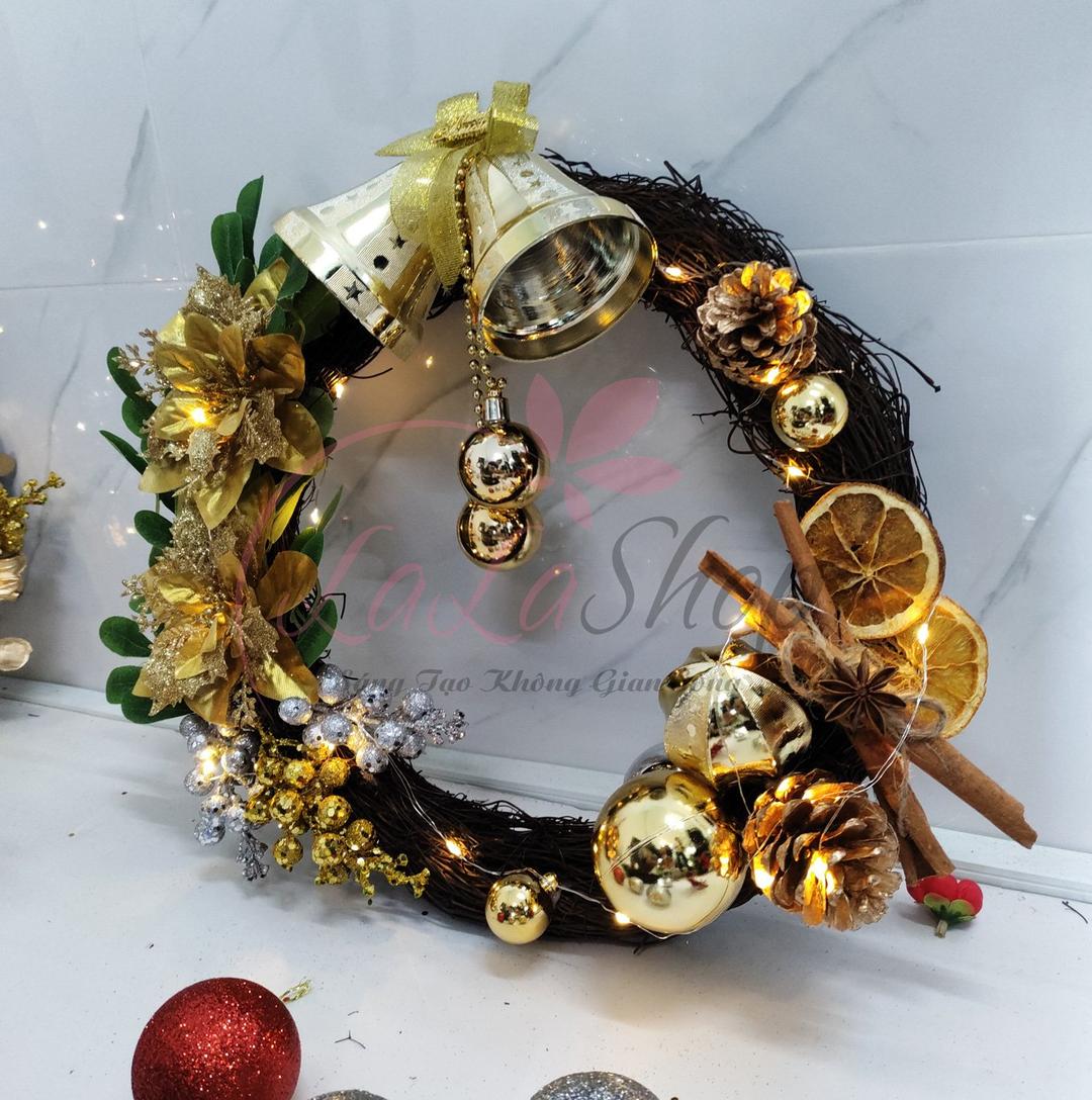 Vòng nguyệt quế 35cm trang trí noel hoa trạng nguyên treo cửa có kèm đèn led