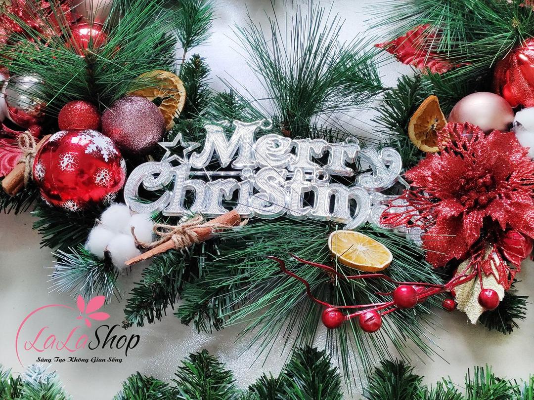 Vòng nguyệt quế 80cm trang trí noel merry christmas treo cửa kèm đèn led