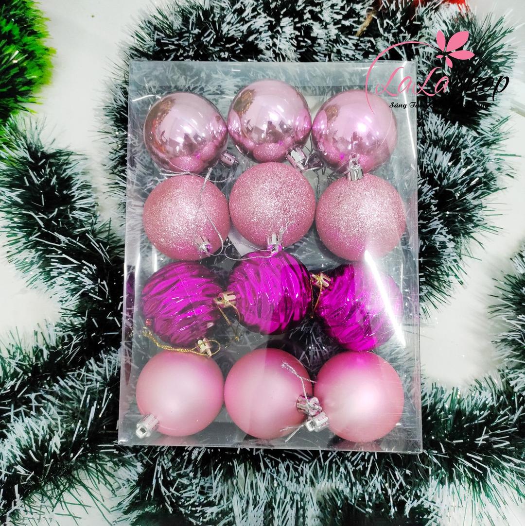 Hộp 12 quả châu hồng 6cm trang trí noel