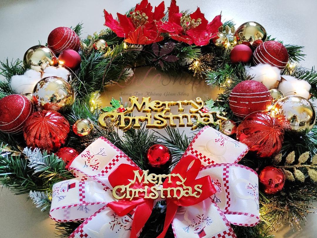Vòng Nguyệt Quế Treo Cửa 60cm Trang Trí Noel Kèm Đèn Led