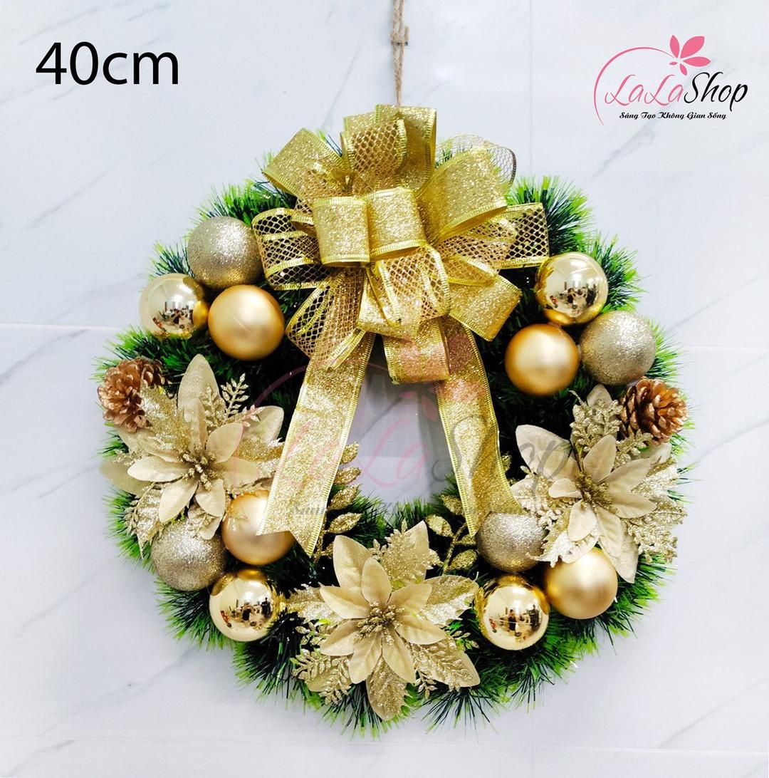 Vòng Nguyệt Quế Treo Cửa 40cm Trang Trí Noel Sắc Vàng Kèm Đèn Led