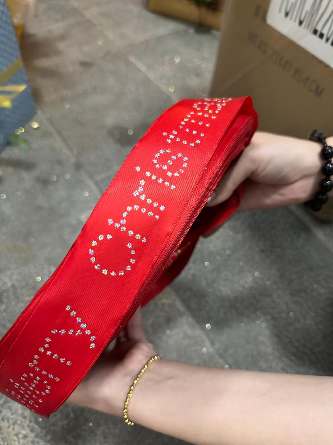 Cuộn Ruy Băng 10 Mét Màu Đỏ Chữ Merry Christmas Đính Đá