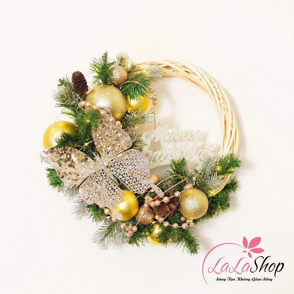 Vòng Nguyệt Quế 30cm quả châu bươm bướm merry christmas trang trí noel có đèn led