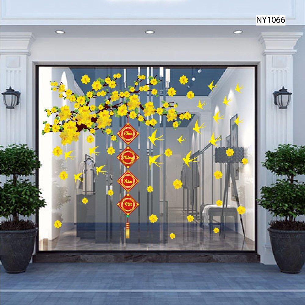 Combo decal trang trí tết mai vàng nở rộ chúc mừng năm mới
