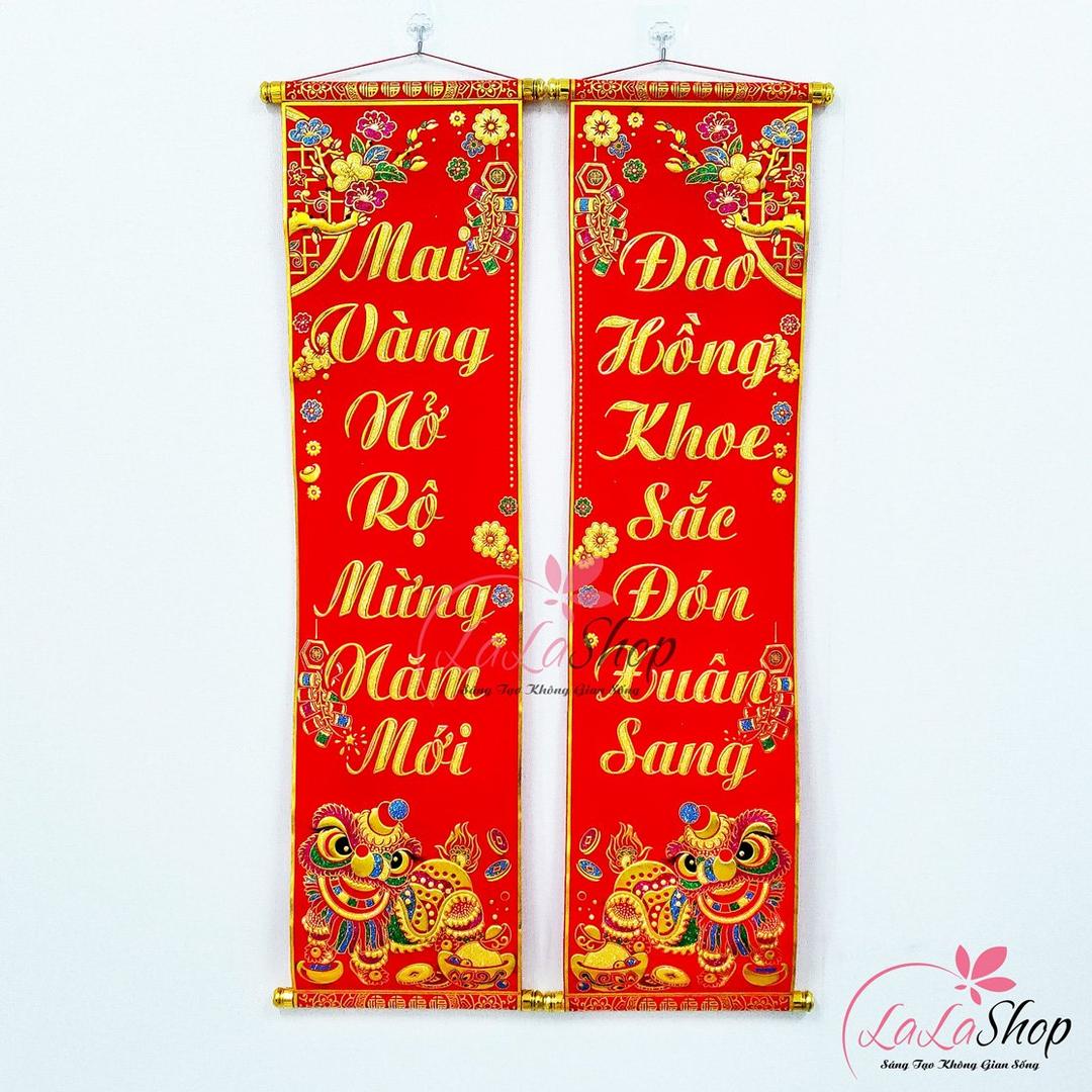 Bộ liễn câu đối Mai Vàng Nở Rộ Mừng Năm Mới - Đào Hồng Khoe Sắc Đón Xuân Sang