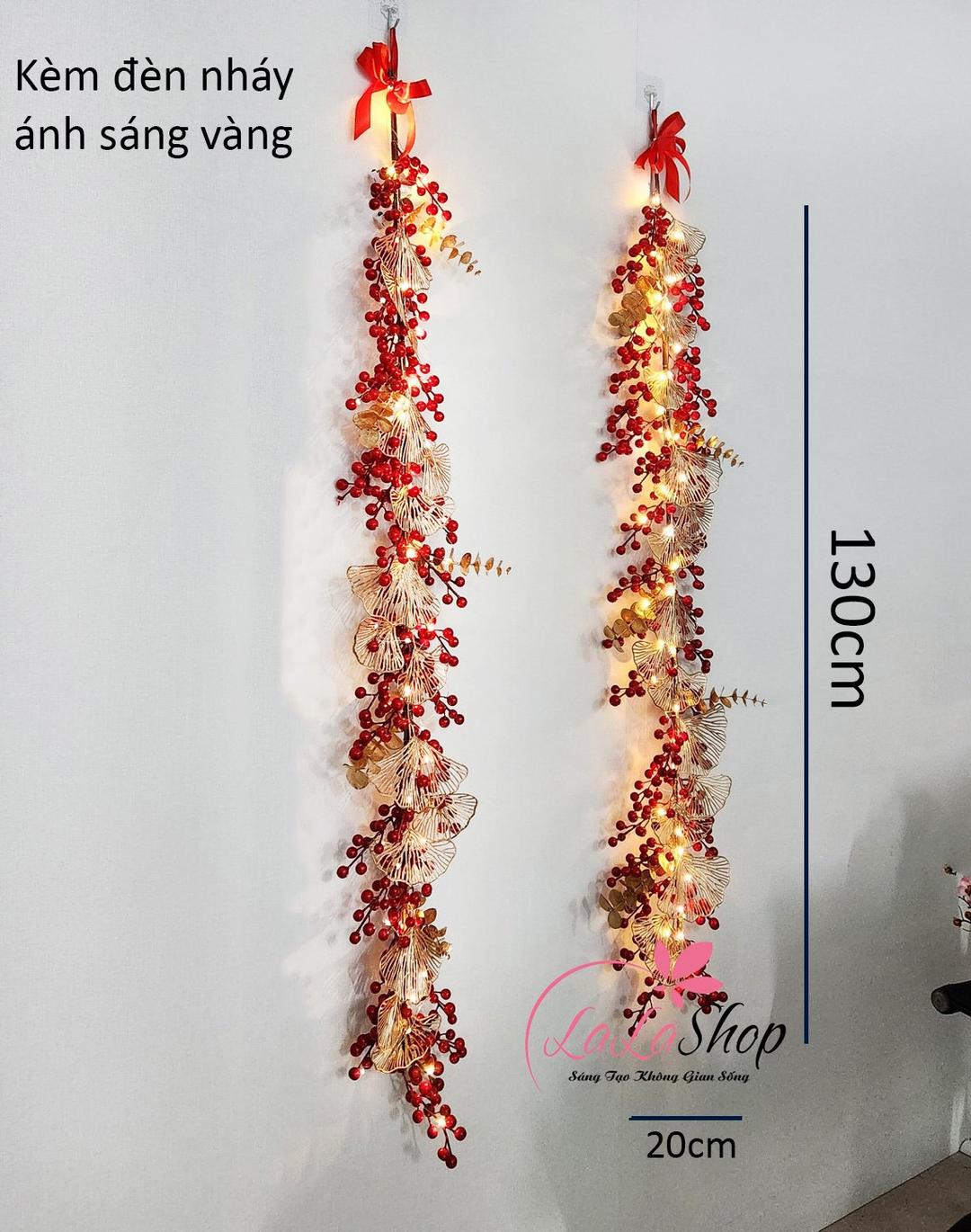Cặp liễn treo cửa 1m3 đào đông rẻ quạt sắc đỏ vàng sung túc kèm đèn LED trang trí tết