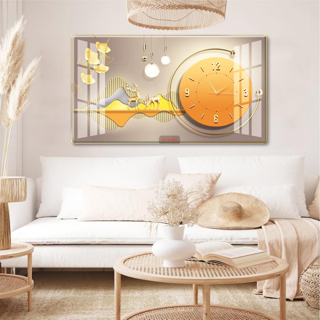Tranh Đồng Hồ Treo Tường UV Pha Lê Hươu Và Lá Vàng nghệ Thuật