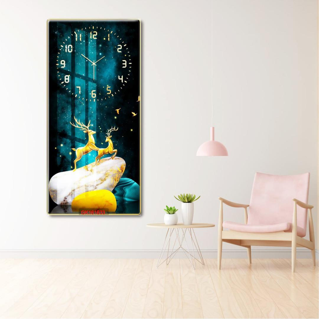 Tranh Đồng Hồ Treo Tường UV Pha Lê Bóng Hươu Nai Vàng Nghệ Thuật