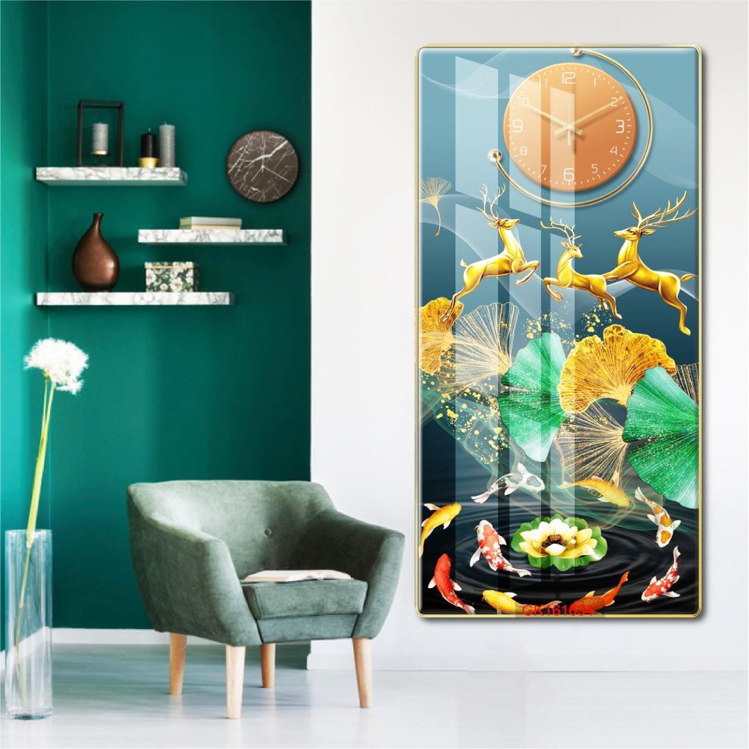 Tranh Đồng Hồ Treo Tường Nai Vàng Và Đàn Cá Nghệ Thuật