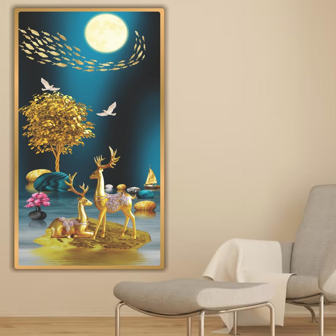 Tranh treo tường phòng khách nghệ thuật hươu vàng đêm trăng 56