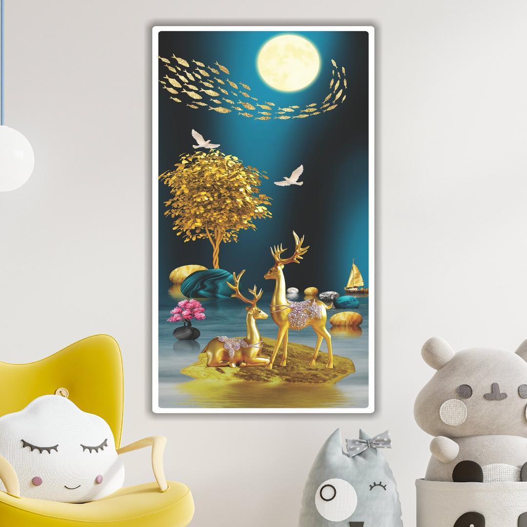 Tranh treo tường phòng khách nghệ thuật hươu vàng đêm trăng 56