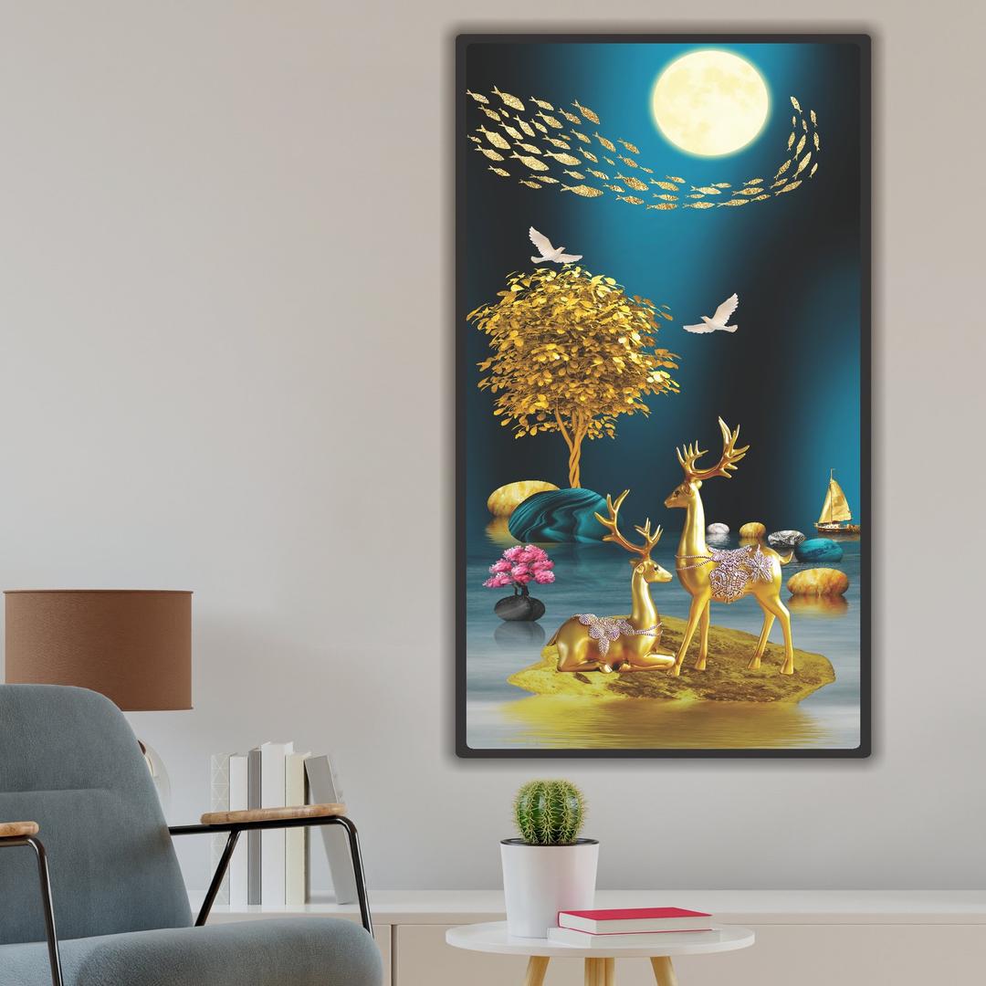 Tranh treo tường phòng khách nghệ thuật hươu vàng đêm trăng 56