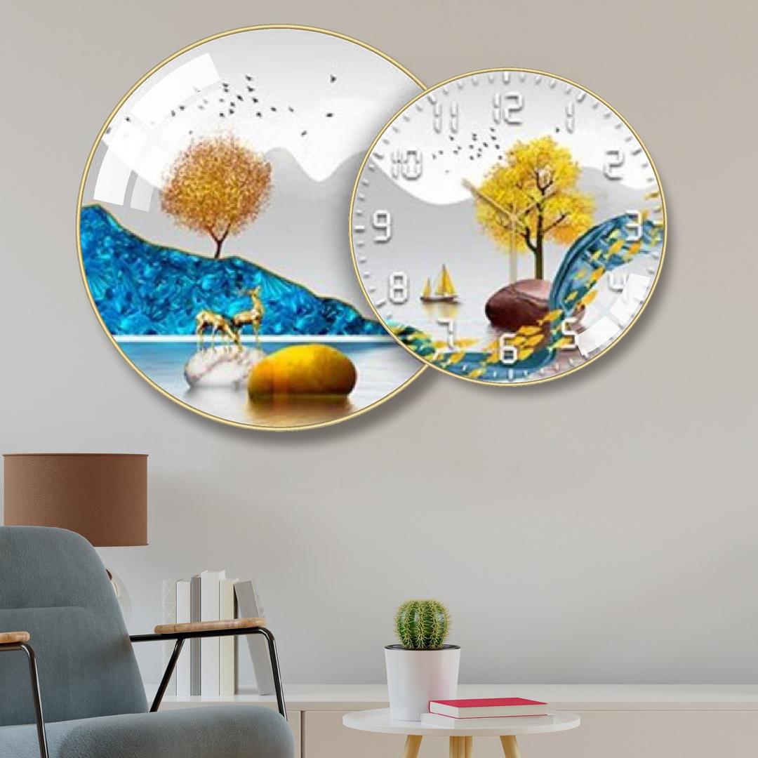 Tranh Đồng Hồ Treo Tường UV Pha Lê Bóng Đôi Hươu Trên Phiến Đá