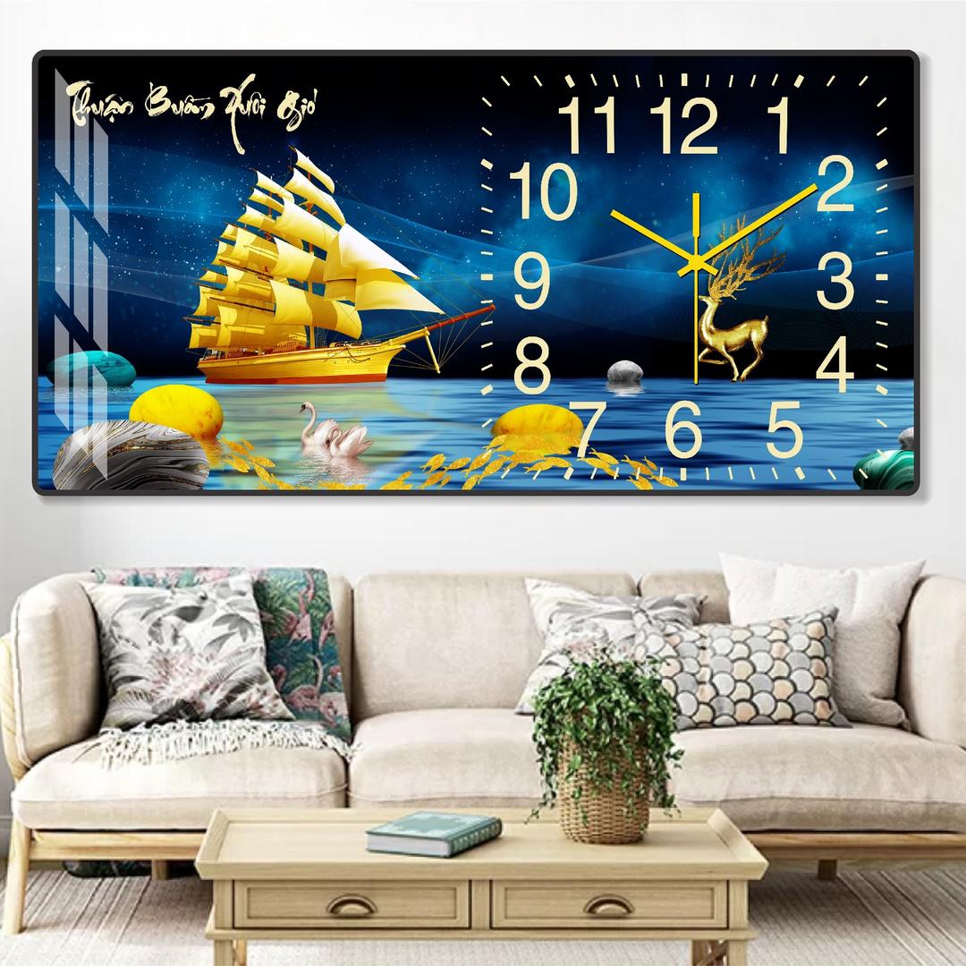 Tranh Đồng Hồ Treo Tường UV Pha Lê Bóng Thuận Buồm Xuôi Gió
