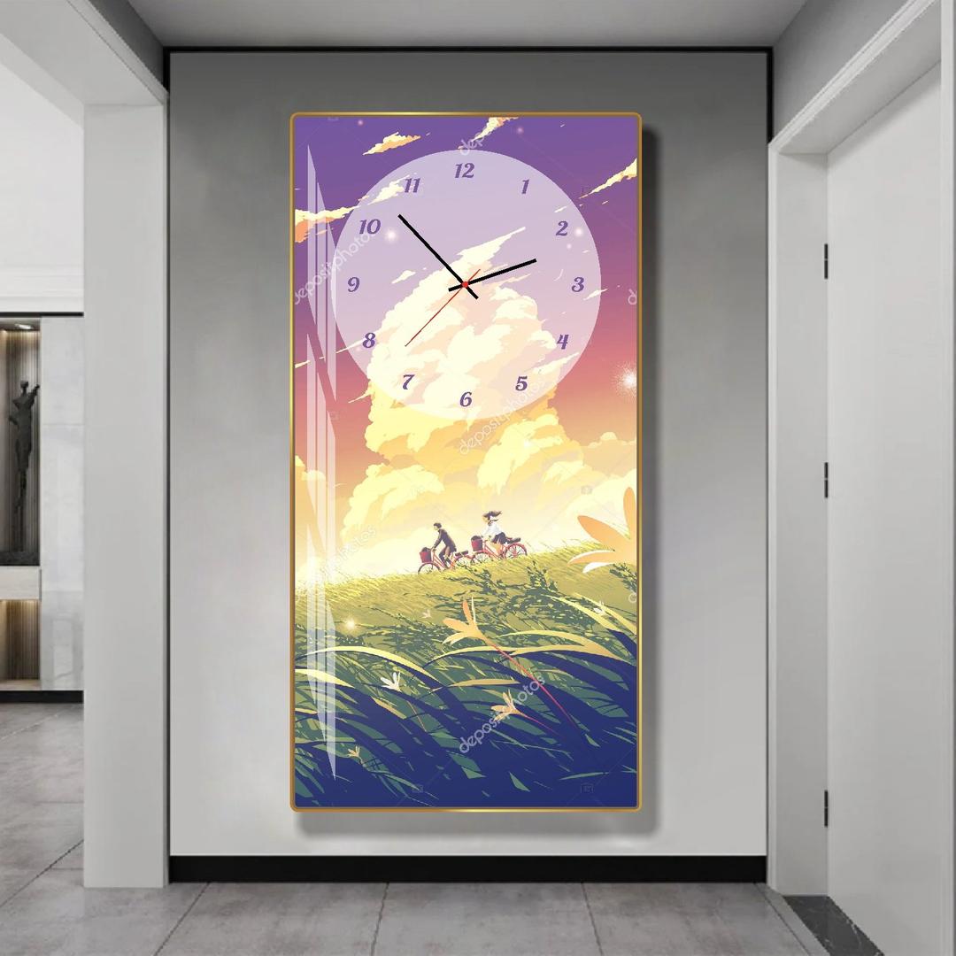 Tranh Đồng Hồ Treo Tường Anime Cặp Đôi Đạp Xe Trên Cánh Đồng